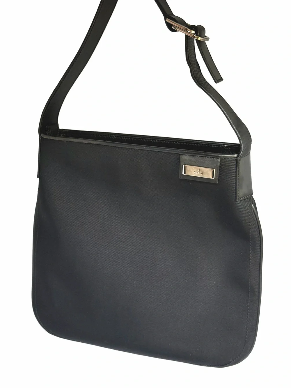 Vintage Gucci Black Nylon Shoulder Bag Leather Trim Silver Logo